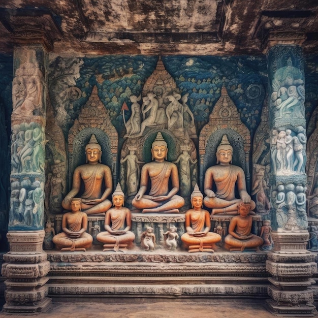 Een verbluffende en ingewikkelde boeddhistische frescoschildering op de muren van een oude tempel in Sri Lanka