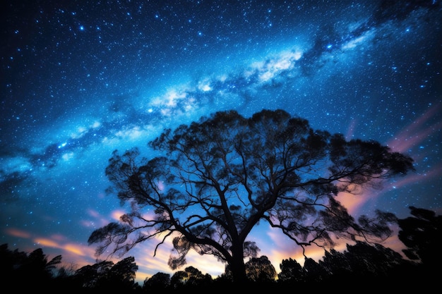 Een verbluffende foto die de schoonheid van een boom vastlegt tegen een hemel vol fonkelende sterren Het Melkwegstelsel dat zich uitstrekt over een nachtelijke hemel AI Generated