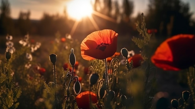 Een verbluffende foto legt het gouden uur vast in een veld van stralende rode klaprozen die symbool staan voor de schoonheid, veerkracht en kracht van de natuur die ai genereren