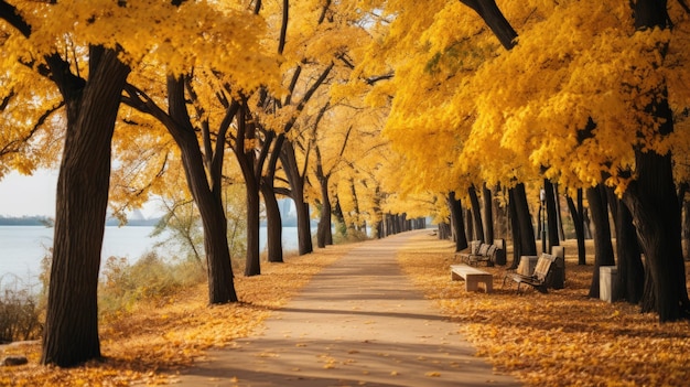 Een verbluffende foto van de gouden tinten van een met bomen omzoomd pad in de herfst