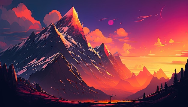 Een verbluffende illustratie van een bergketen tegen een dramatische zonsondergang, een adembenemend en ontzagwekkend tafereel