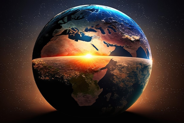 Foto een verbluffende zonsopgang boven een wereldbol met lichtstralen die de continenten en oceanen verlichten