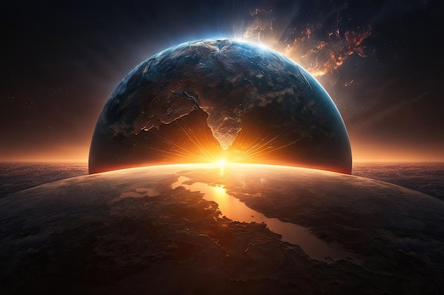 Een verbluffende zonsopgang boven een wereldbol met lichtstralen die de continenten van oost naar west verlichten