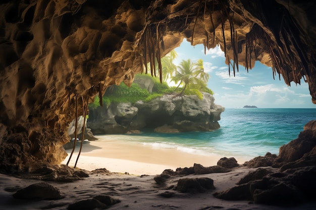 Een verborgen grot met een prachtig strand in een realistische tropische achtergrond