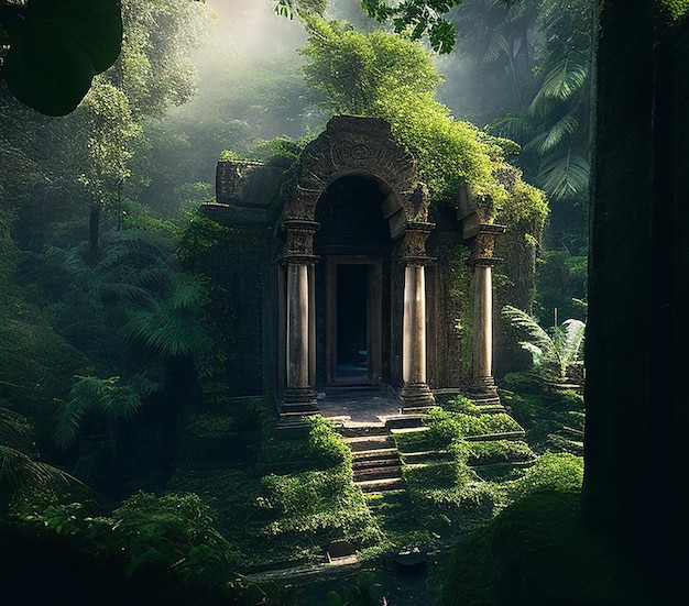 Een verborgen tempel verborgen diep in een mystiek bos.