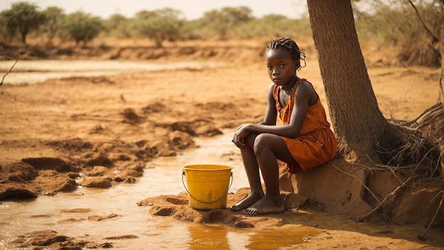 Een verdrietig Afrikaans meisje zit aan de oever van een droge rivier.