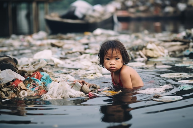 Een verdrietig Aziatisch kind zwemt in een rivier vol afval