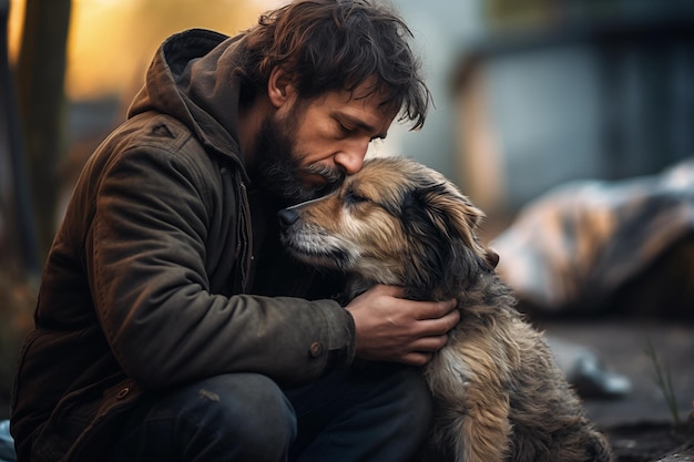 Foto een verdrietige dakloze man knuffelt zijn zwervende gezelschapshond terwijl hij op straat zit