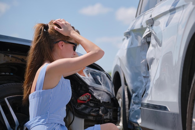 Een verdrietige jonge vrouwelijke chauffeur zit naast haar gebroken auto en ziet er geschokt uit naar auto's die bij een verkeersongeluk zijn neergestort.