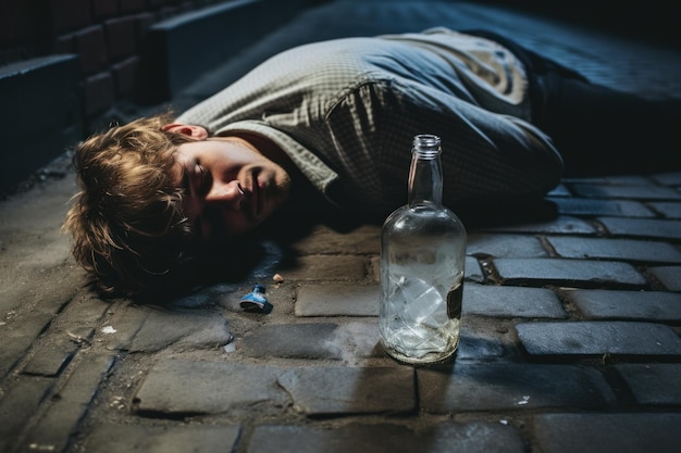 Foto een verdrietige man die's nachts op de stoep ligt bij een lege fles.