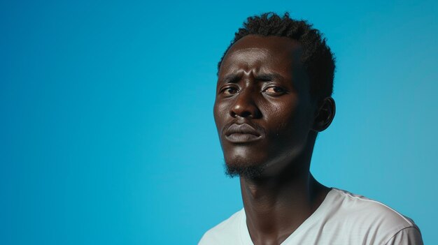 Een verdrietige Oost-Afrikaanse man geïsoleerd op een stevige achtergrond