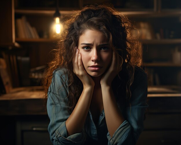 Foto een verdrietige vrouw met een depressie zit in een donker appartement.