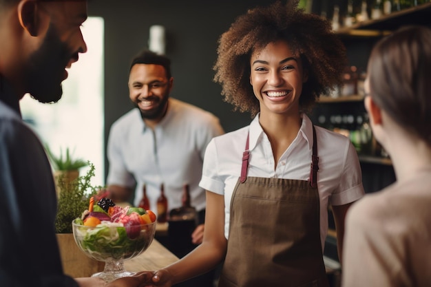 Een verenigde en vreugdevolle werkomgeving Diverse en glimlachende werknemers die elkaar binden over cocktails en puff