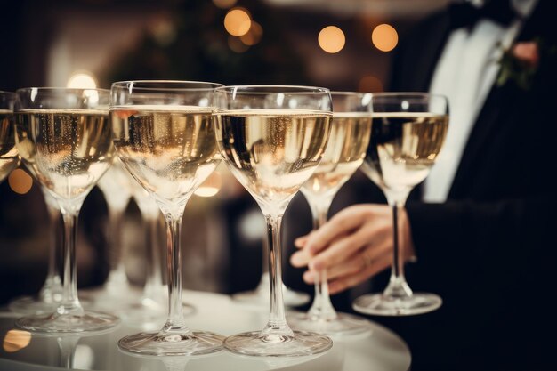 Een verfijnde man gekleed in een formele smoking houdt een dienblad vol sprankelende champagneglazen vast Cocktailglazen gevuld met champagne op een bruiloftstoast AI Generated