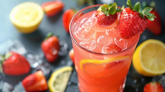 Een verfrissend glas aardbeien limonade met een aardbeien garnizoen