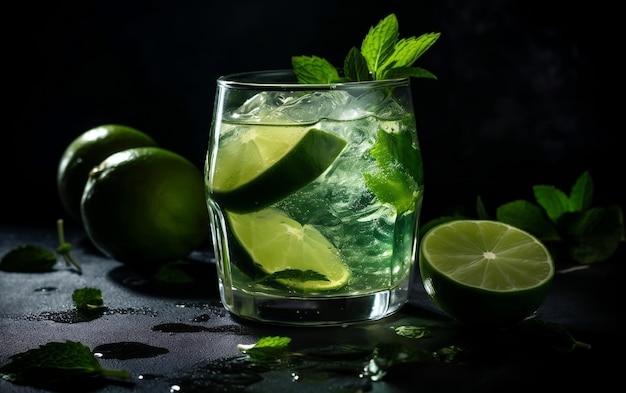 Een verfrissend glas mojito met verse limoenen en muntblaadjes Generative AI