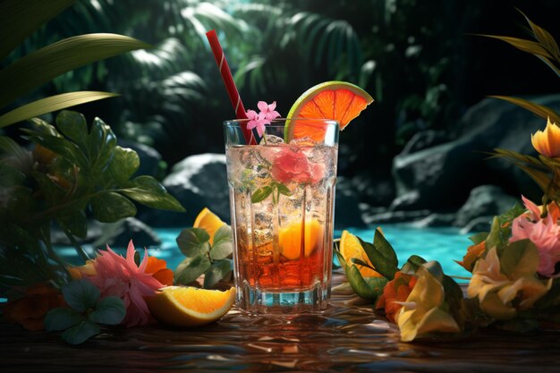 Foto een verfrissend tropisch drankje met een rietje ondergedompeld in de heerlijke inhoud