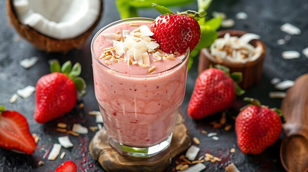Een verfrissende en gezonde aardbeien smoothie gemaakt met verse aardbeien, kokosmelk en yoghurt