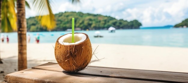 Een verfrissende kokosdrank die perfect is om te drinken terwijl je op een zonnige zomerdag naar de heldere blauwe zee en de palmbomen kijkt