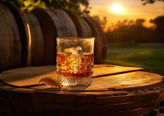 Foto een verfrissende rusty nail-cocktail, buiten op een whiskyvat geplaatst onder de gouden gloed van de jaren