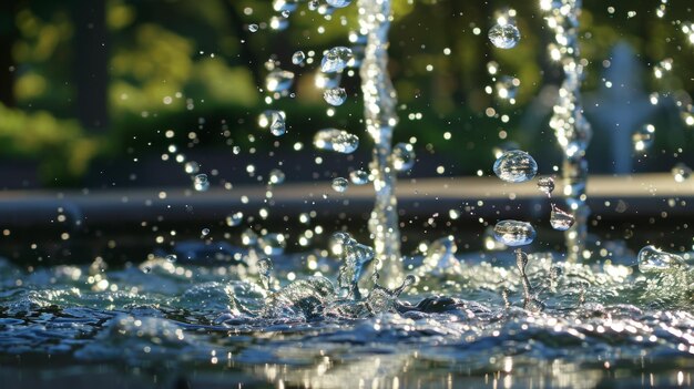 Foto een verfrissende spetter van waterdruppels die uit een fontein vallen, bevroren in de tijd om de dynamische beweging en energie van het vallende water vast te leggen