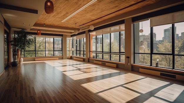 Een verfrissende yogastudio met bamboe vloeren en kamerhoge ramen die AI heeft gegenereerd