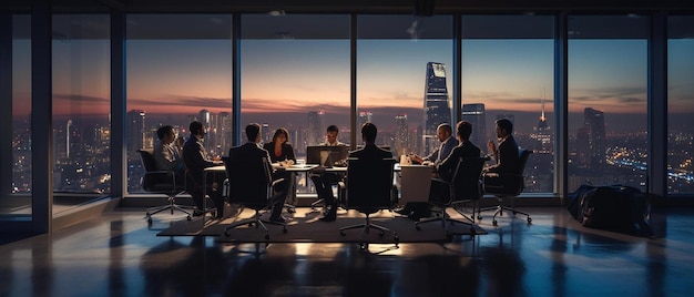 een vergadering met mensen in een grote kamer met uitzicht op de skyline van de stad