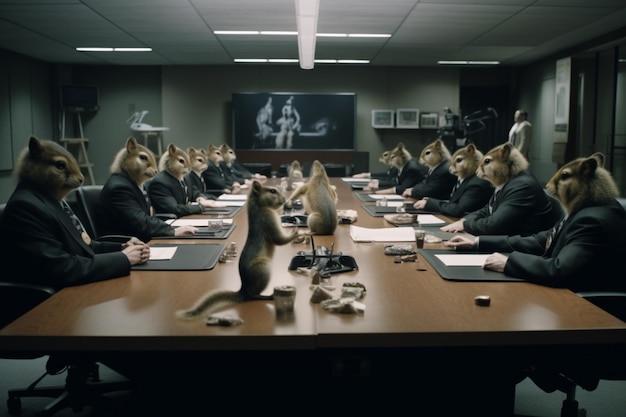 Een vergaderruimte met een groep dieren waarvan er één een pak draagt waar 'de wolf' op staat