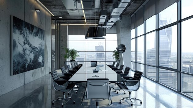 Een vergaderzaal met een lange tafel en stoelen