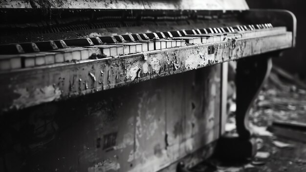 Foto een vergeten piano zit in een verlaten kamer de toetsen zijn geel en gebarsten het hout is stoffig en schilferend