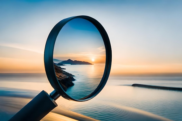 Foto een vergrootglas toont een strand en de zon is er doorheen te zien.