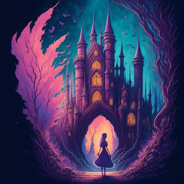Een verhaal als een droom Een illustratie van een feeënprinses en een mystiek kasteel in levendige pastel waterverf