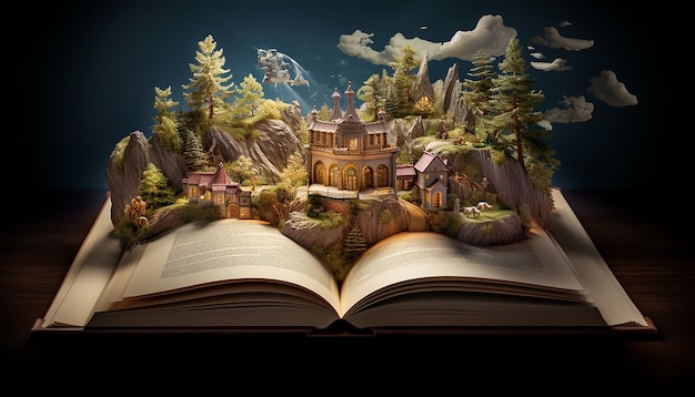 Foto een verhaalboek geopend met de afbeelding van het verhaal bovenop het boek in 3d