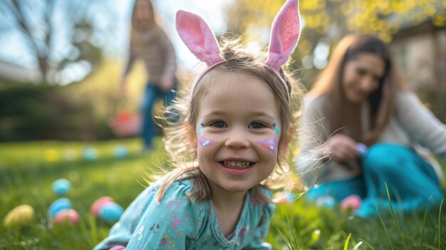 Foto een verheugd jong meisje met konijnenoren en gezichtsverf glimlacht tijdens een paaseierenjacht in de open lucht met een wazige achtergrond van gezinsplezier