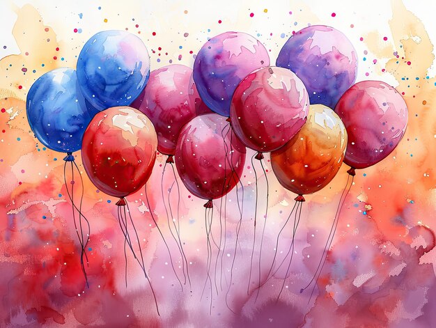 Een verjaardagsbanner met een waterverf schilderij van ballonnen en confetti op een vaste achtergrond in 4k ultra hd