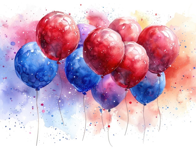 Een verjaardagsbanner met een waterverf schilderij van ballonnen en confetti op een vaste achtergrond van 4k ultrarood