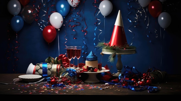 een verjaardagsfeestje met ballonnen en een taart en een glas wijn.