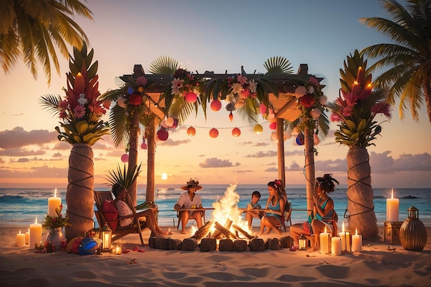 Een verjaardagsfeestje op een tropisch strand met tiki ontsteekt een vreugdevuur en een prachtige zonsondergang als decor voor een feestavond