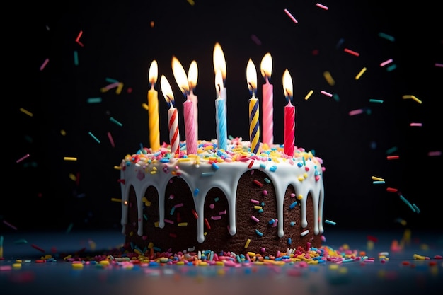een verjaardagstaart met aangestoken kaarsen en kaarsen