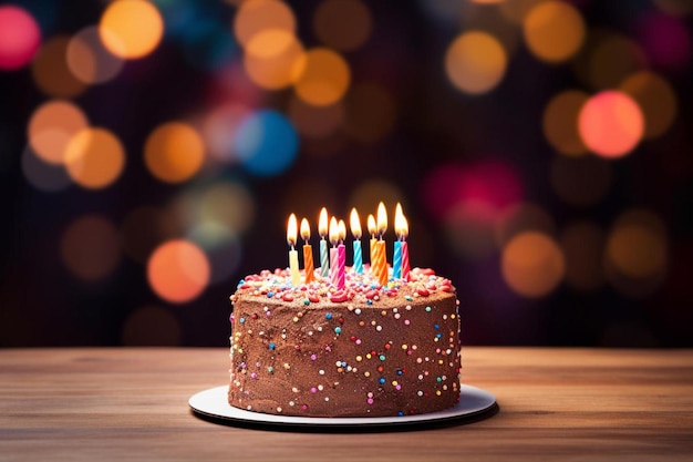 Een verjaardagstaart met aangestoken kaarsen op een tafel met een onscherpe achtergrond.
