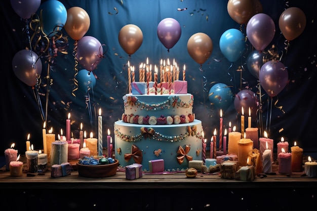 Een verjaardagstaart met ballonnen en een blauwe achtergrond met een blauwe achtergrond.