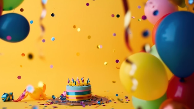 Een verjaardagstaart met een verjaardagstaart en confetti op de achtergrond