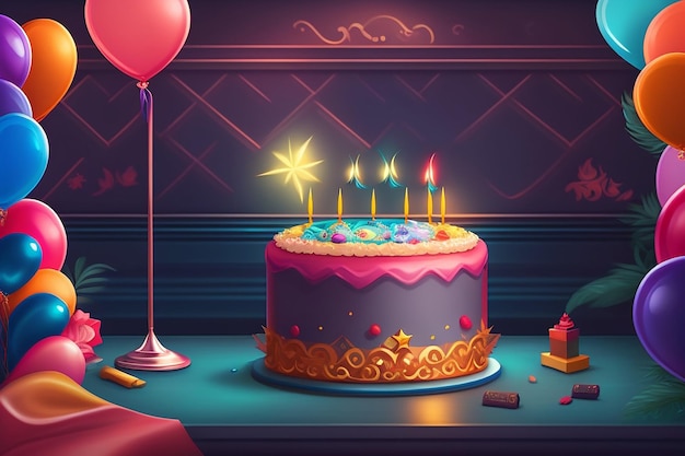 Een verjaardagstaart met kaarsjes en een ballon met de woorden "happy birthday" erop.