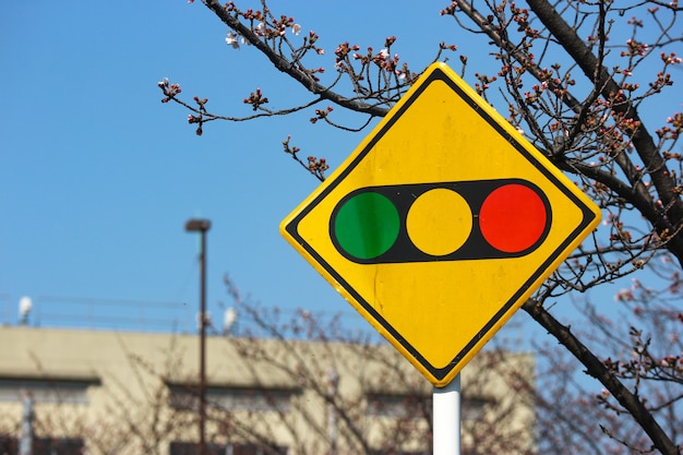 Een verkeerslicht geel bord in stedelijke stad.