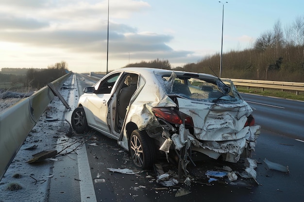 Een verkeersongeluk. De auto is neergestort op de spoorweg.