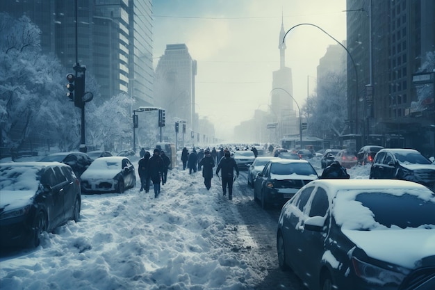 Een verkeersongeluk op een stadsweg veroorzaakt door een zware sneeuwstorm en ijskoude onverharde wegen
