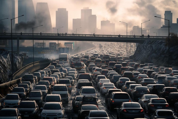 een verkeersopstopping met de skyline op de achtergrond