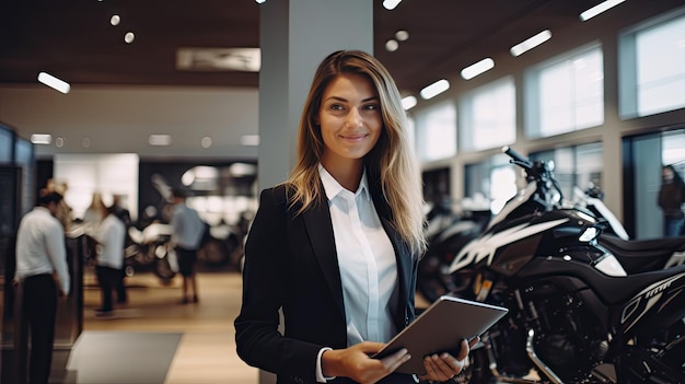 Een verkoopster houdt een Smiling Gym-dossier vast. Daarachter staat een nieuwe grote fiets in de showroom