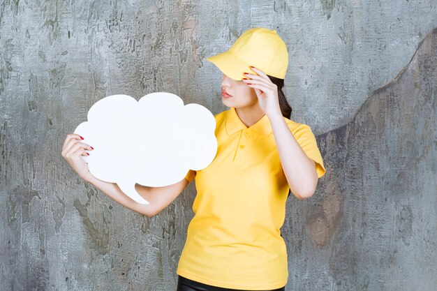 Een verkoopster in geel uniform met een infobord in de vorm van een wolk en kijkt verward en doodsbang