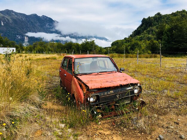 Foto een verlaten auto rottende weg in de wildernis van de natuur